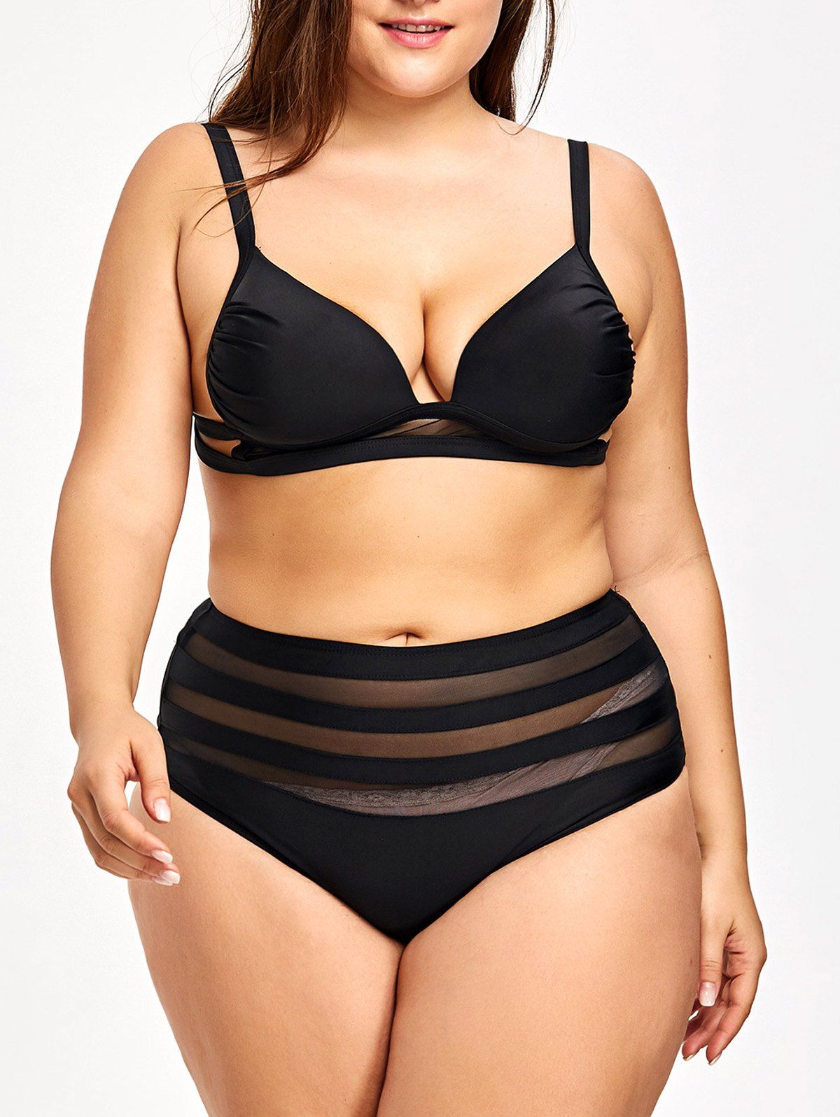 

Plus Size Mesh Panel Bikini Set, Black
