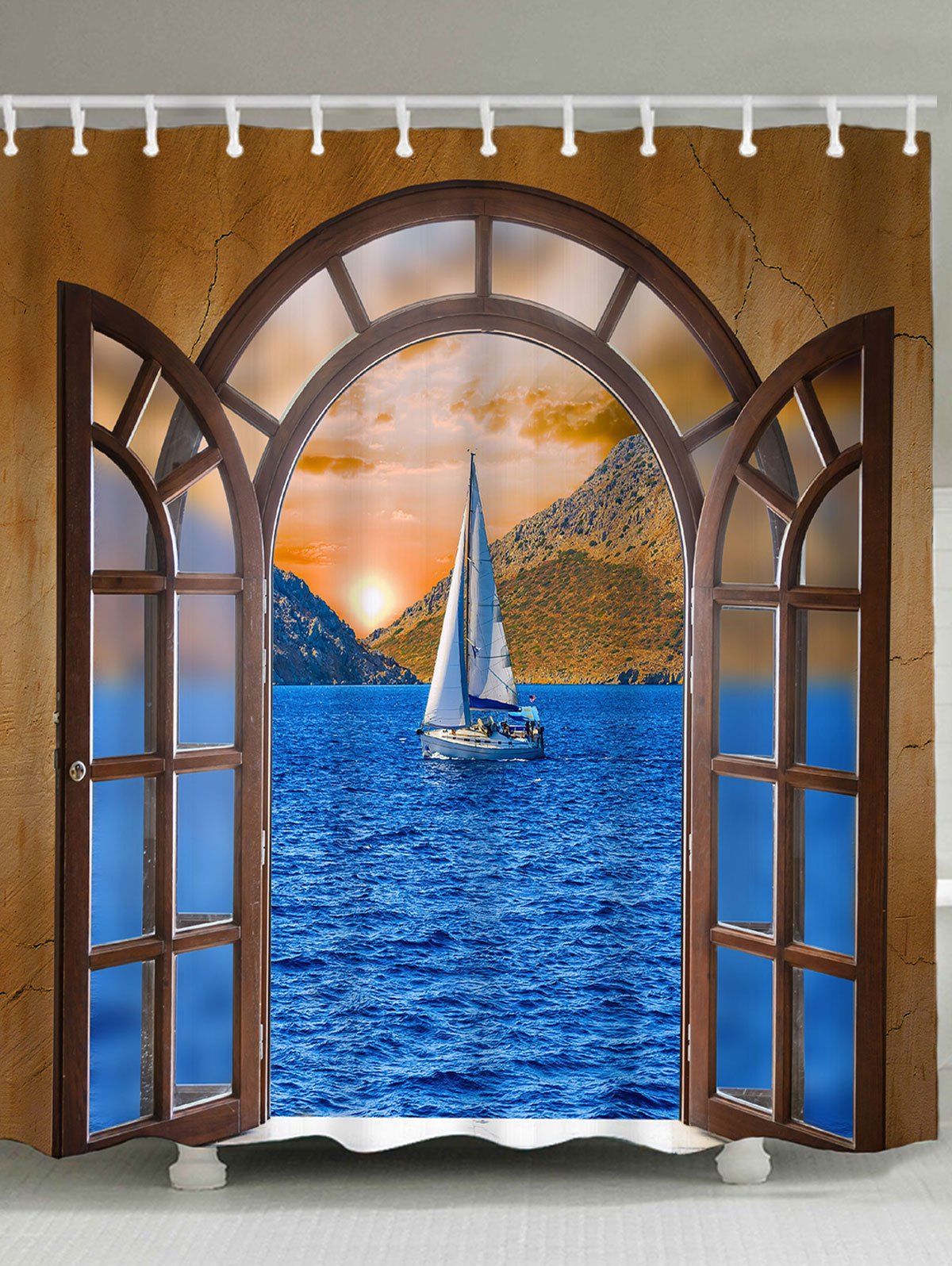 

Arched Door Sailing Boat Printed Waterproof Shower Curtain, Blue