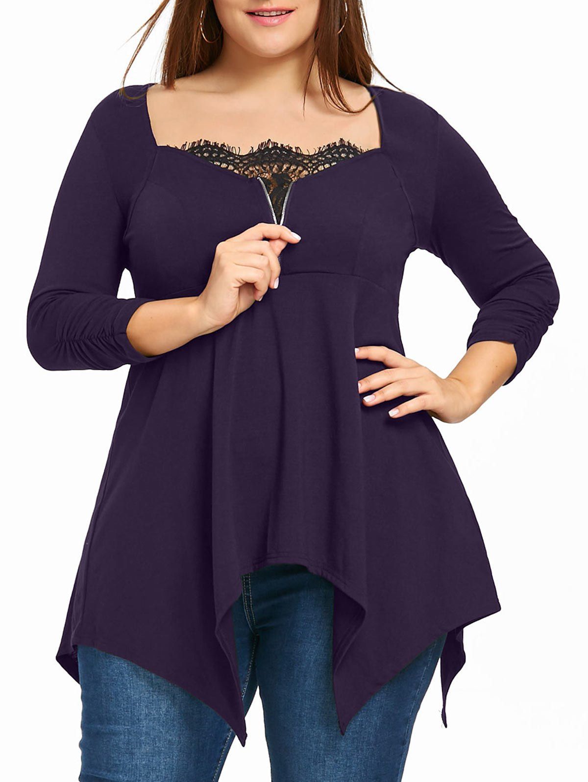 

Plus Size Square Collar Handkerchief Hem Top, Deep purple