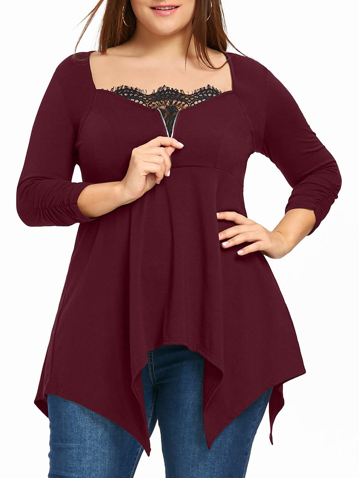 

Plus Size Square Collar Handkerchief Hem Top, Wine red