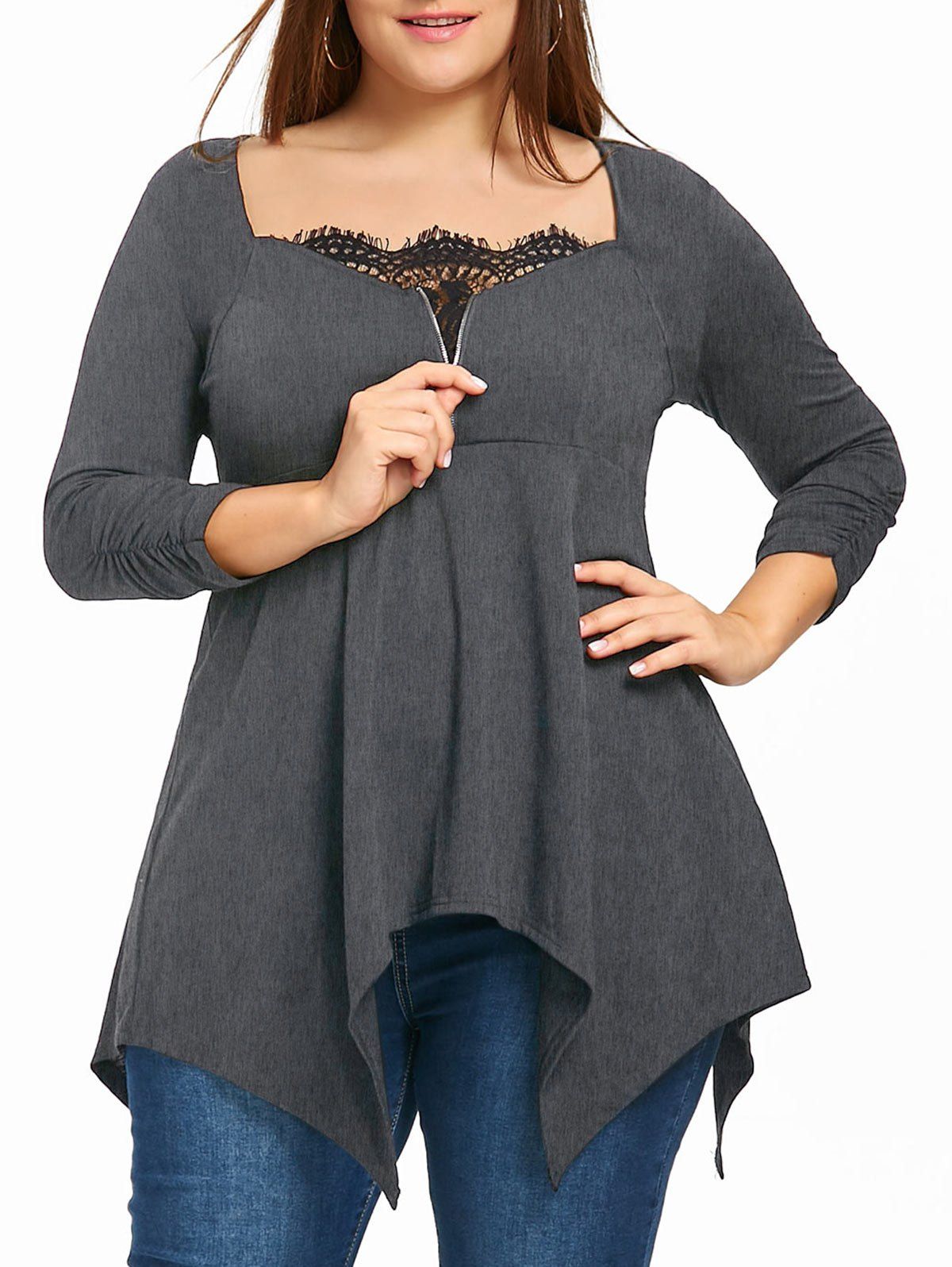 

Plus Size Square Collar Handkerchief Hem Top, Heather gray