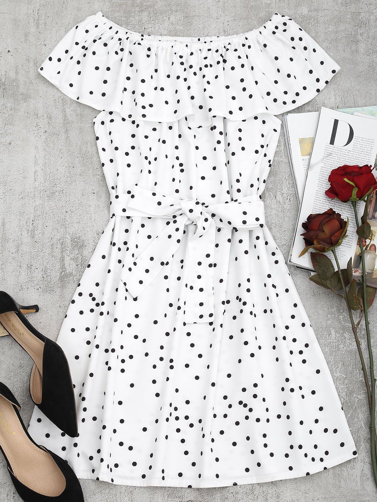 

Off Shoulder Overlap Polka Dot Mini Dress, White