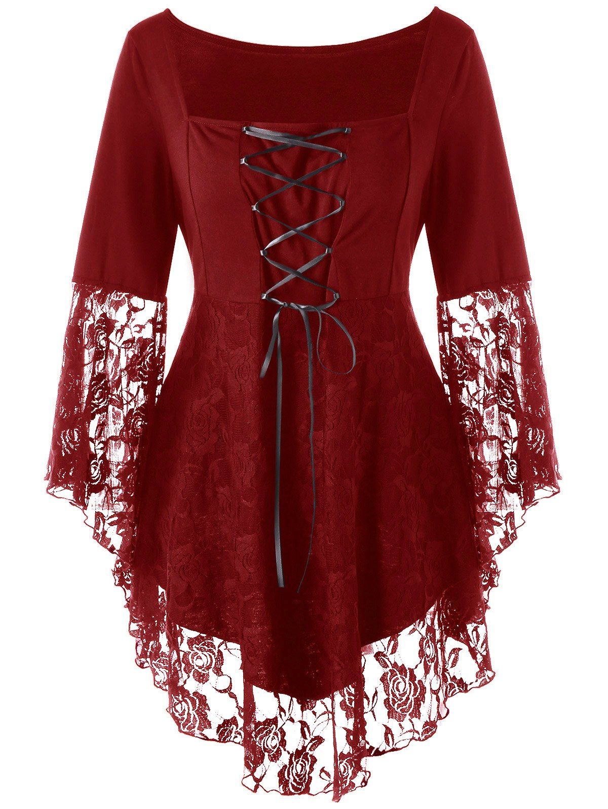 

Plus Size Square Collar Lace Up Peplum Top, Red