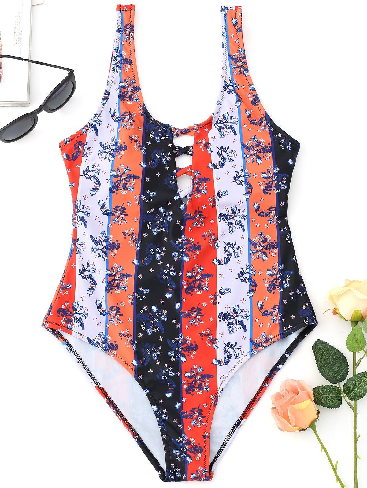 

Patchwork Print Criss Cross Swimwear, Colormix