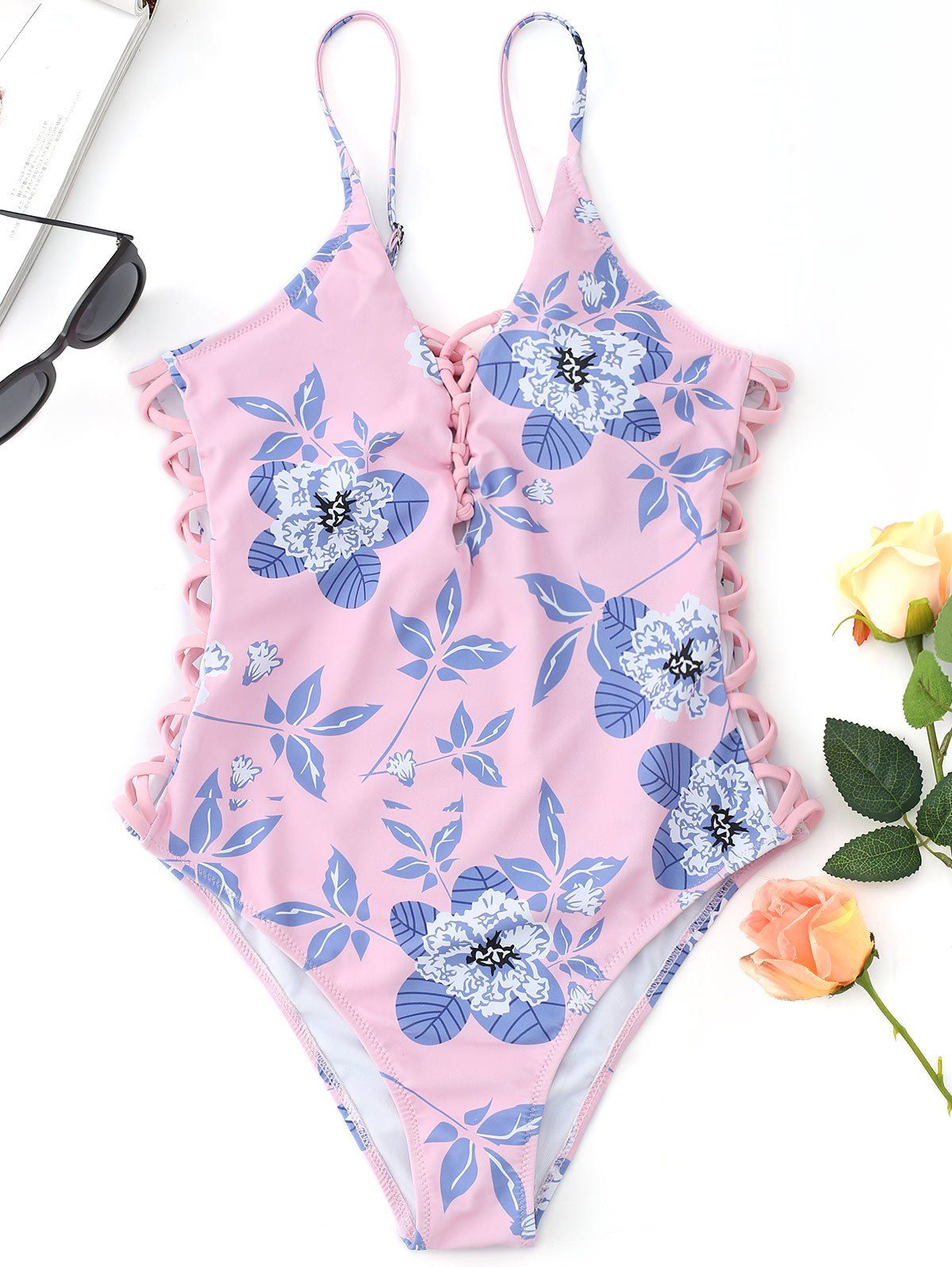 

Lace Up Floral High Cut Swimwear, Pink