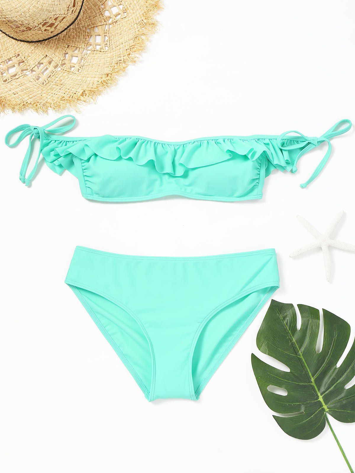

Ruffle Trim Off Shoulder Bikini Set, Lake green