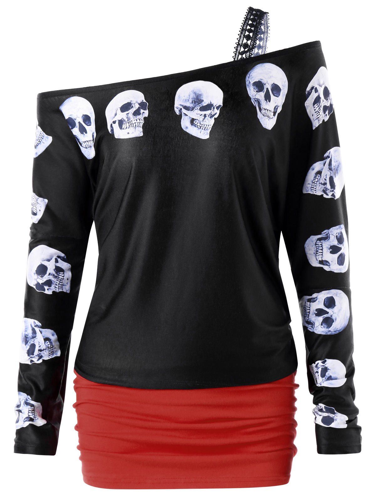 

Plus Size Skew Collar Skulls Top, Red