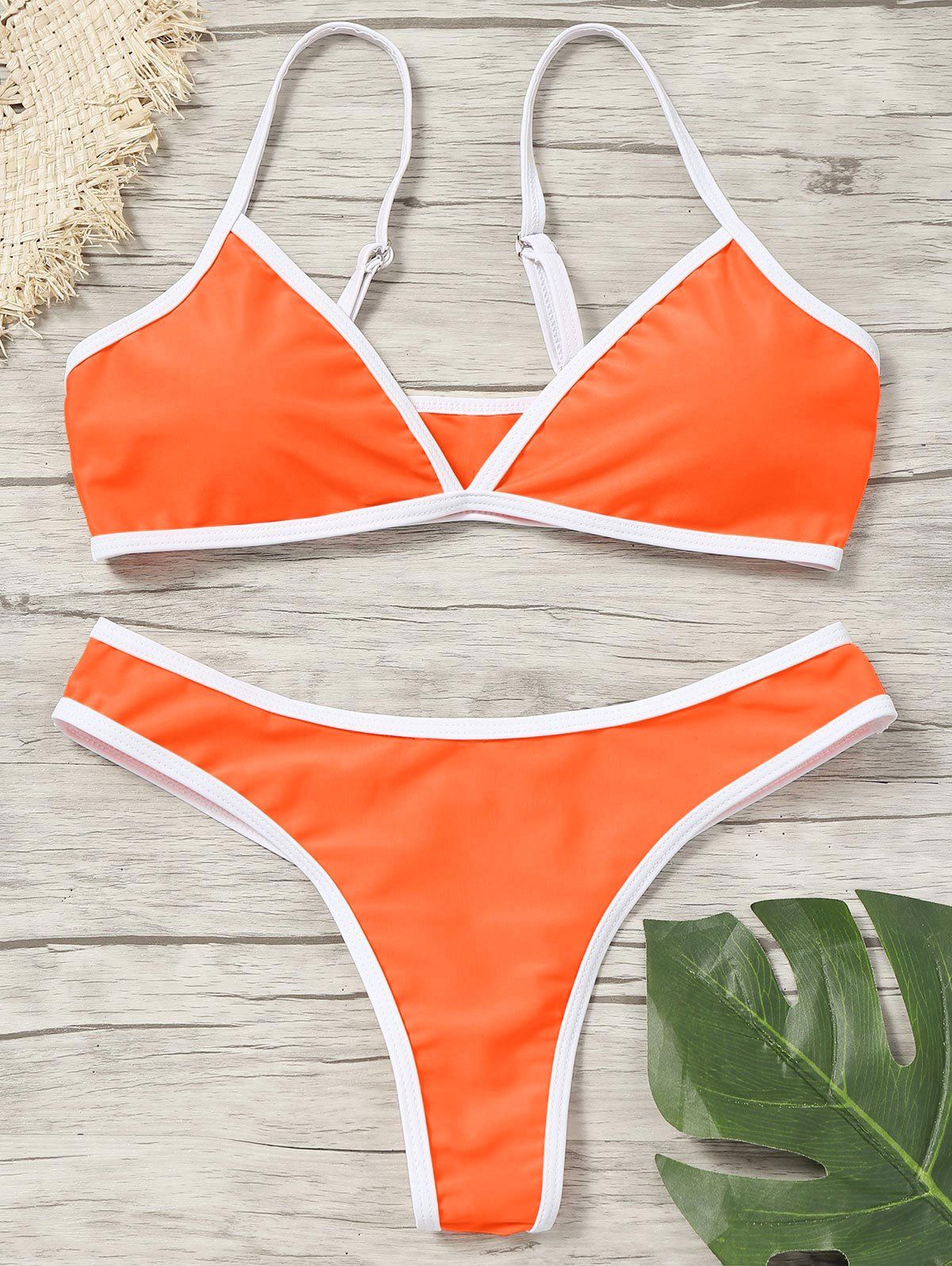 17 Off 2021 Contrast Trim Padded Thong Bikini Set In Fluorescent Orange Dresslily