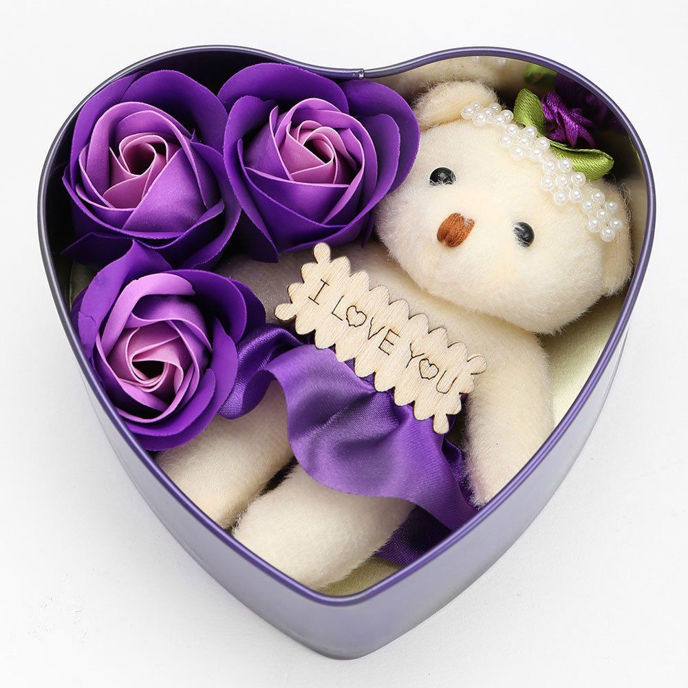 

3PCS Soap Roses Flowers and 1PC Bear in a Iron Box Valentine's Day Gift, Purple