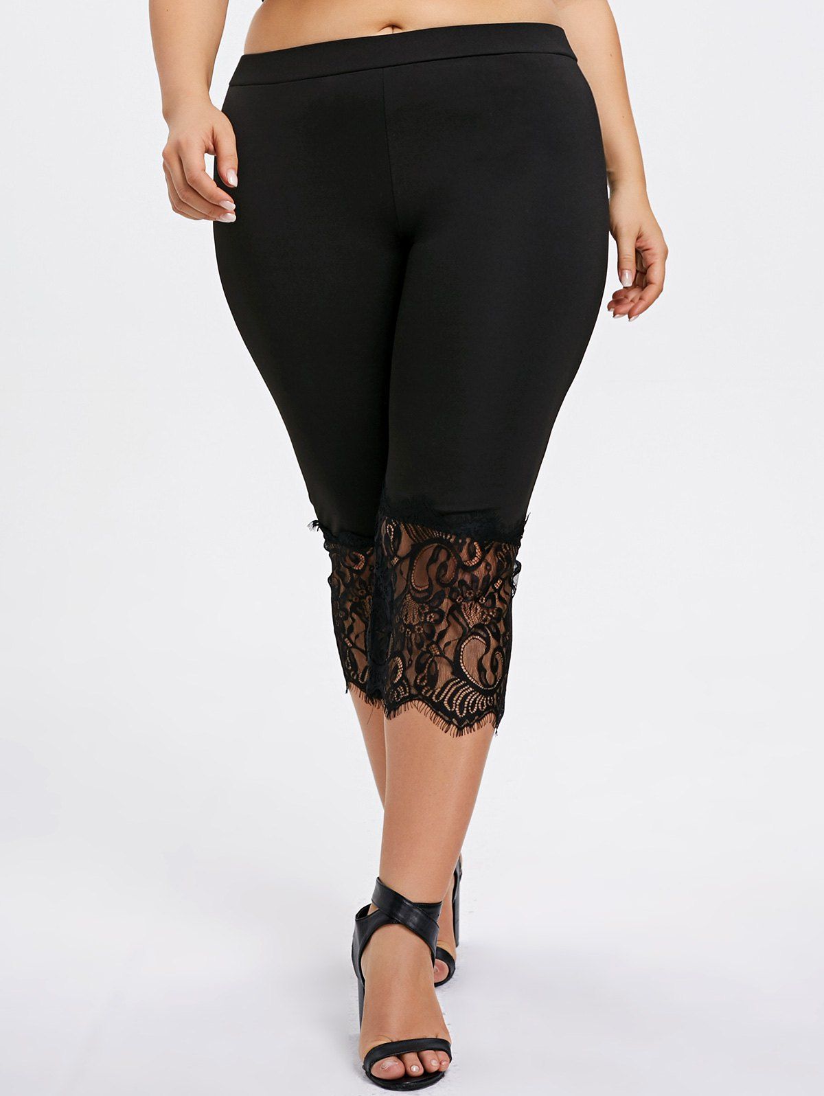 Download 2018 Plus Size Lace Panel Capri Pants BLACK XL In Plus ...