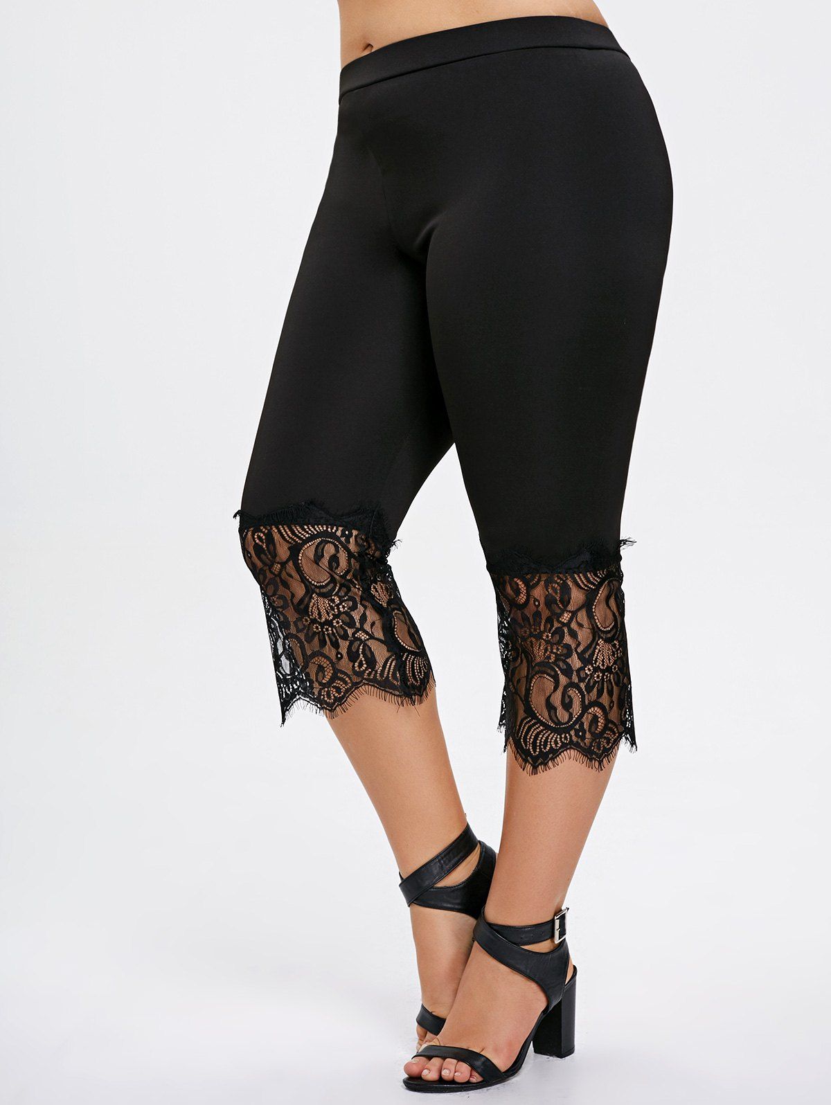 2018 Plus Size Lace Panel Capri Pants BLACK XL In Plus Size Bottoms Online Store. Best Short