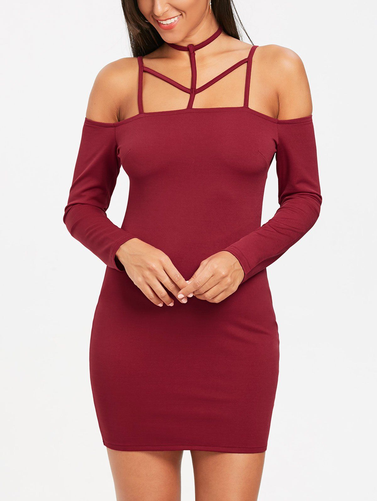 

Cold Shoulder Lattice Cut Bodycon Dress, Wine red