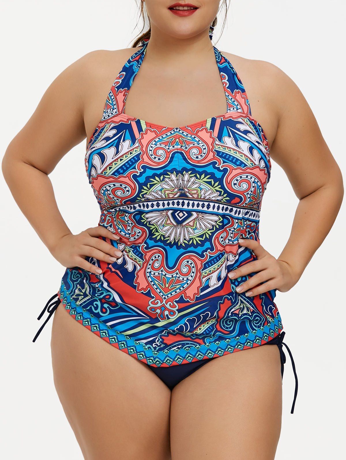 

Plus Size Aztec Print Halter Tankini Set, Floral