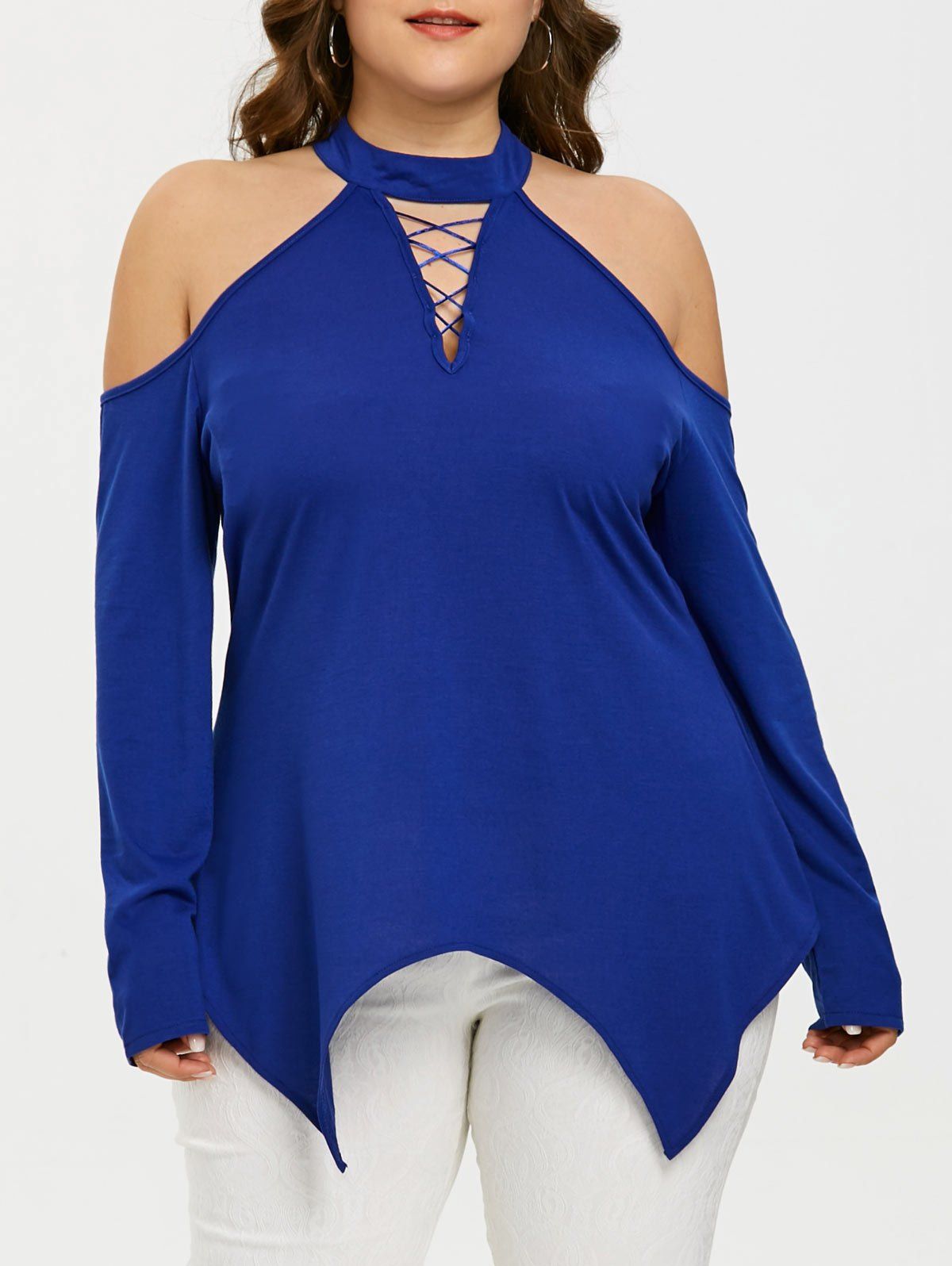 

Plus Size Cutout Shoulder Criss Cross T-shirt, Royal