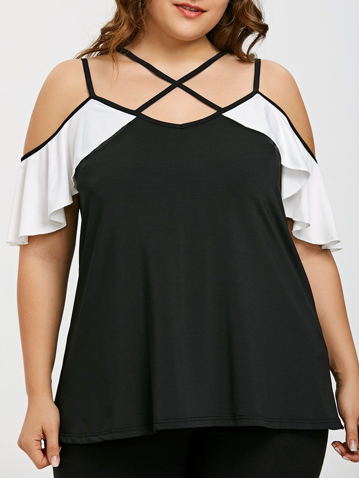 

Plus Size Cold Shoulder Flounced T-shirt, Black white