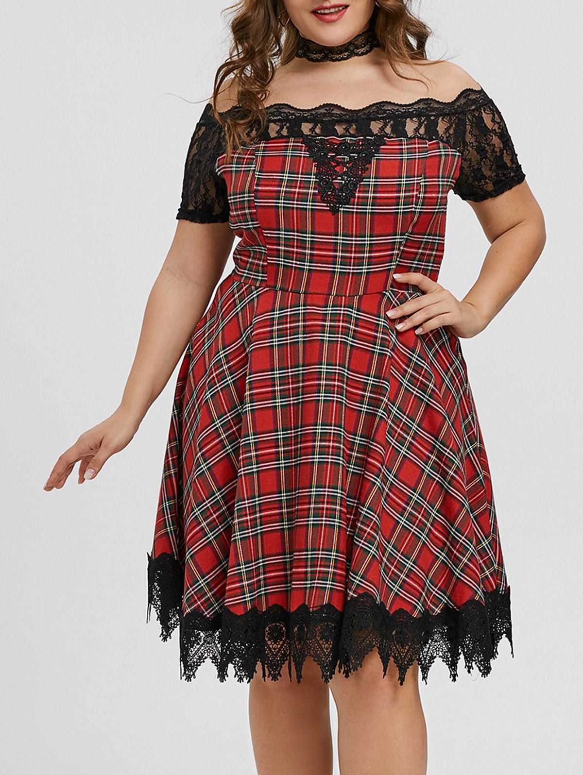

Plus Size Lace Insert Plaid Scalloped Dress, Red