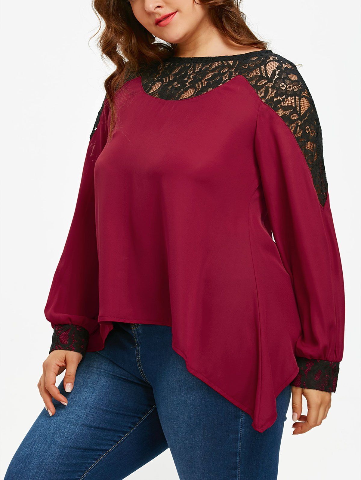 

Long Sleeve Plus Size Lace Panel Asymmetrical Blouse, Burgundy