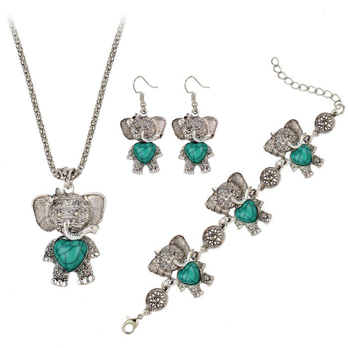 

Faux Gem Bohemian Elephant Jewelry Set, Green