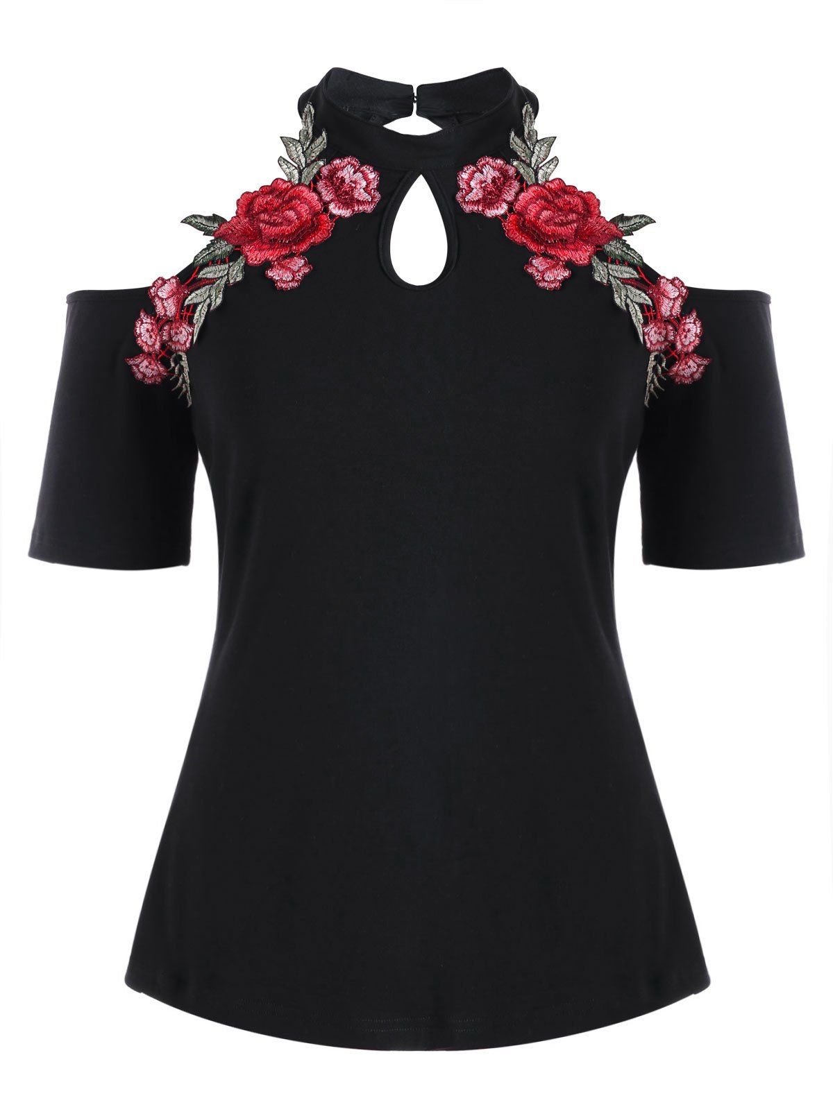 

Plus Size Embroidery Cold Shoulder T-shirt, Black