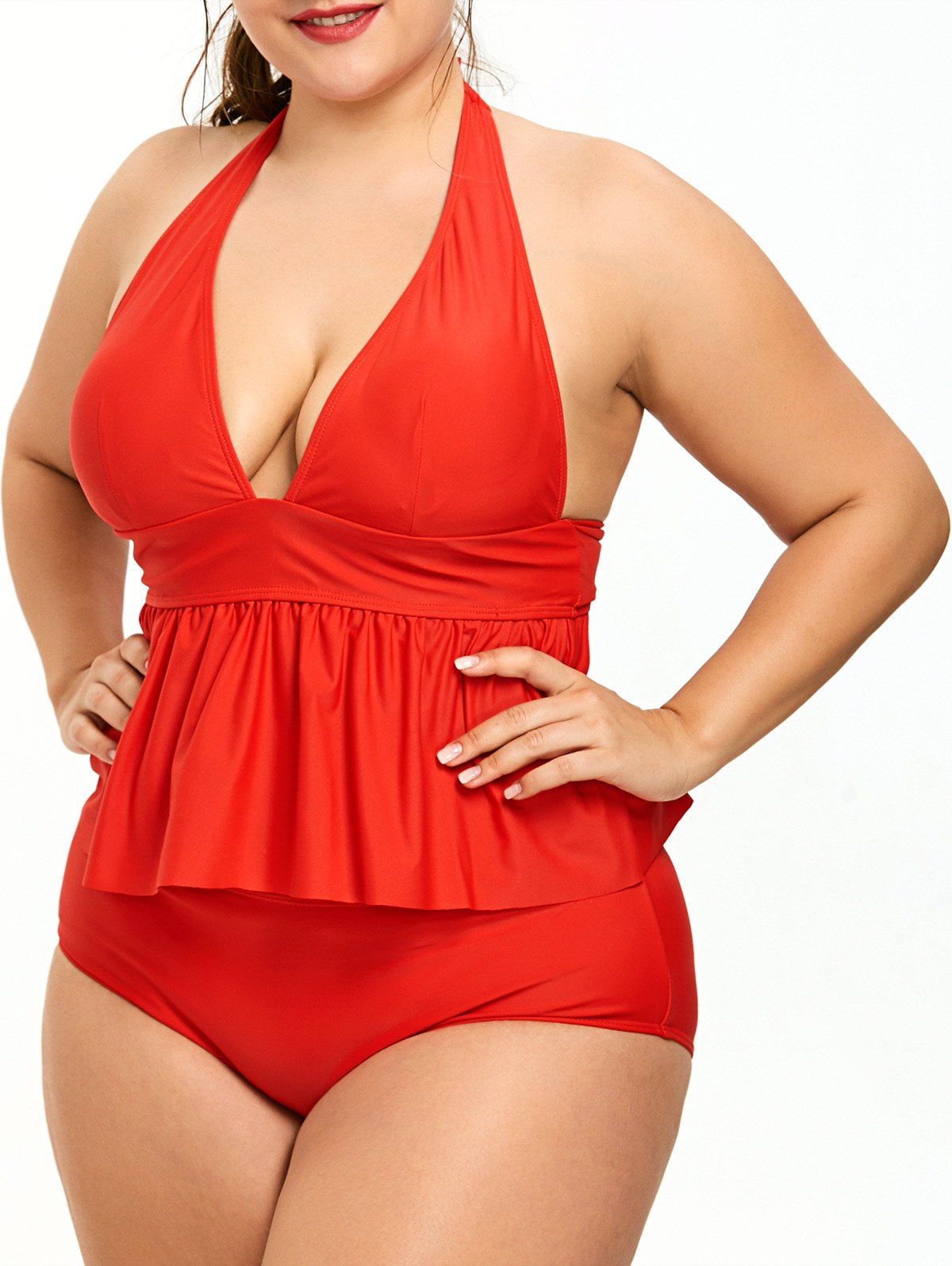 

Halter Neck Flounce Plus Size Tankini Set, Red