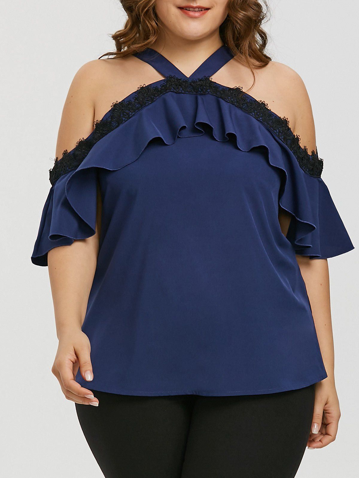 

Plus Size Ruffle Open Shoulder Halter Blouse, Cadetblue