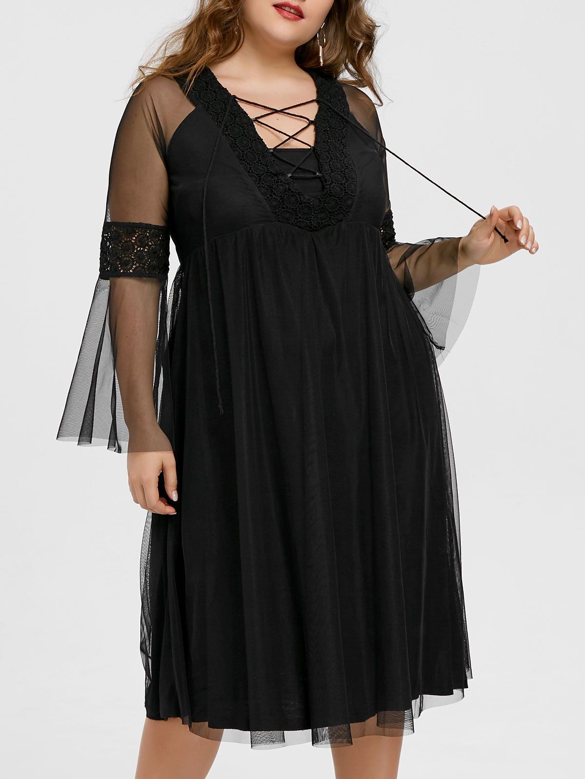 

Lace Up Plunge Plus Size Midi Dress, Black