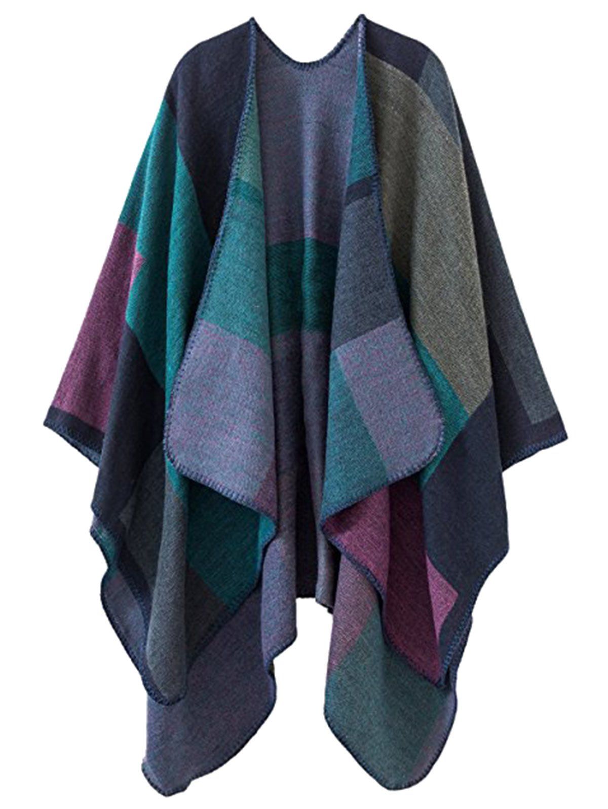 

Plus Size Collarless Color Block Poncho, Green