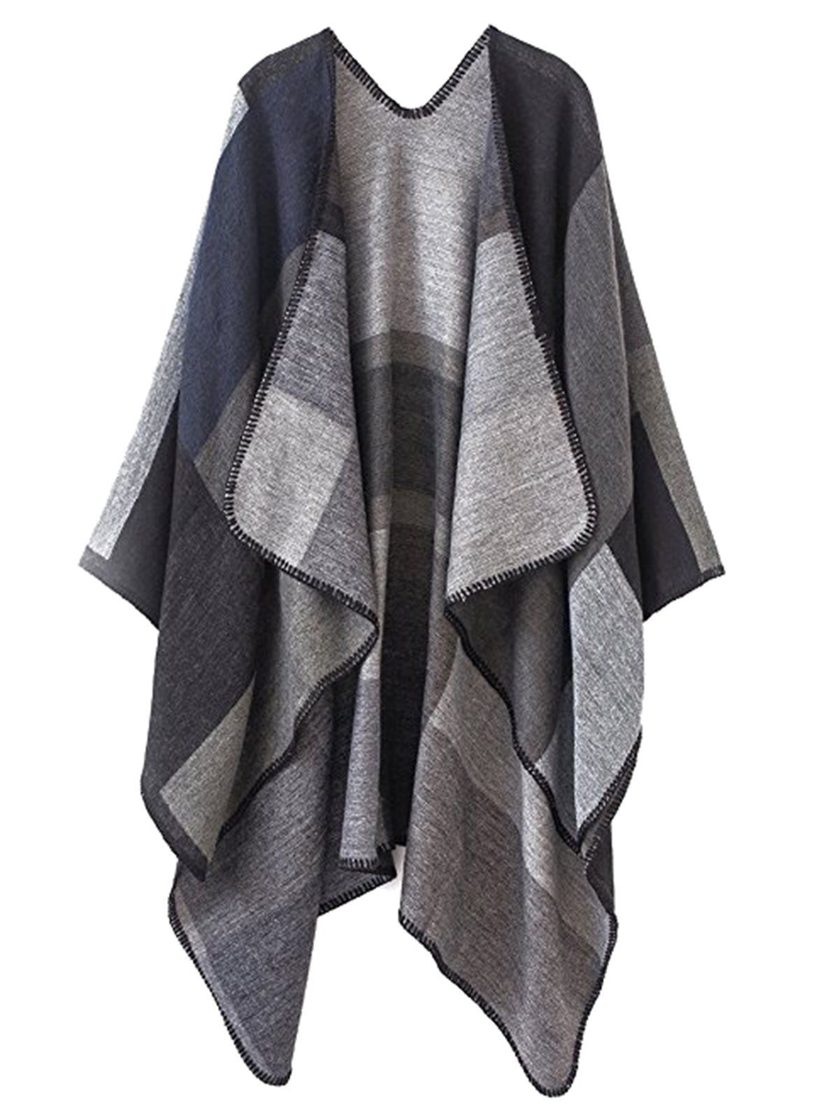 

Plus Size Collarless Color Block Poncho, Gray