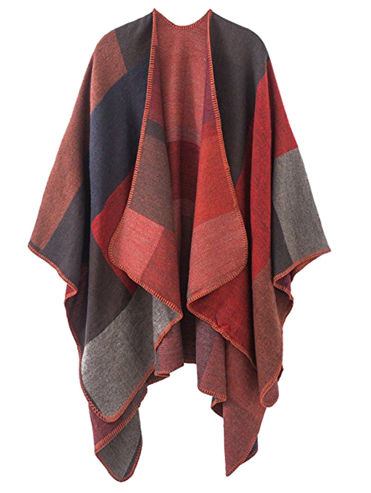 

Plus Size Collarless Color Block Poncho, Red