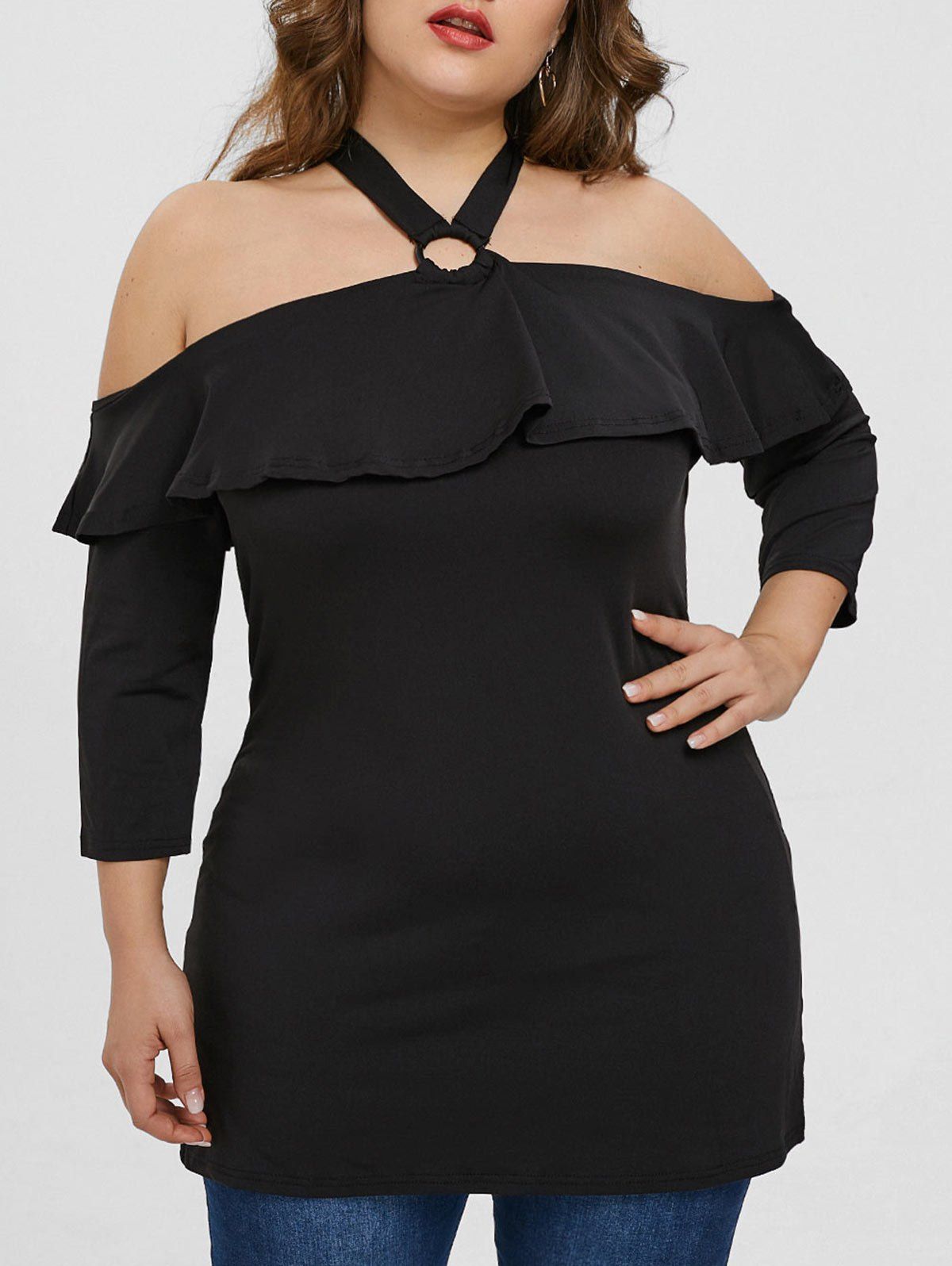 

Plus Size Ring Embellished Ruffle T-shirt, Black