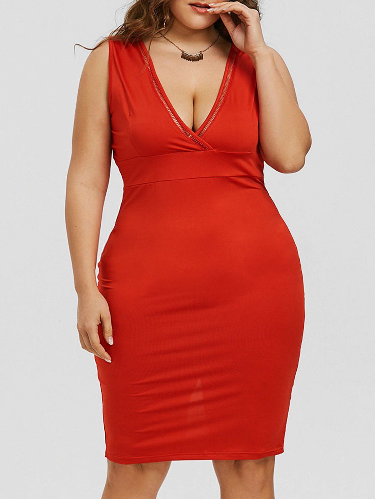 

Plus Size Sleeveless Plunging Lattice Dress, Red