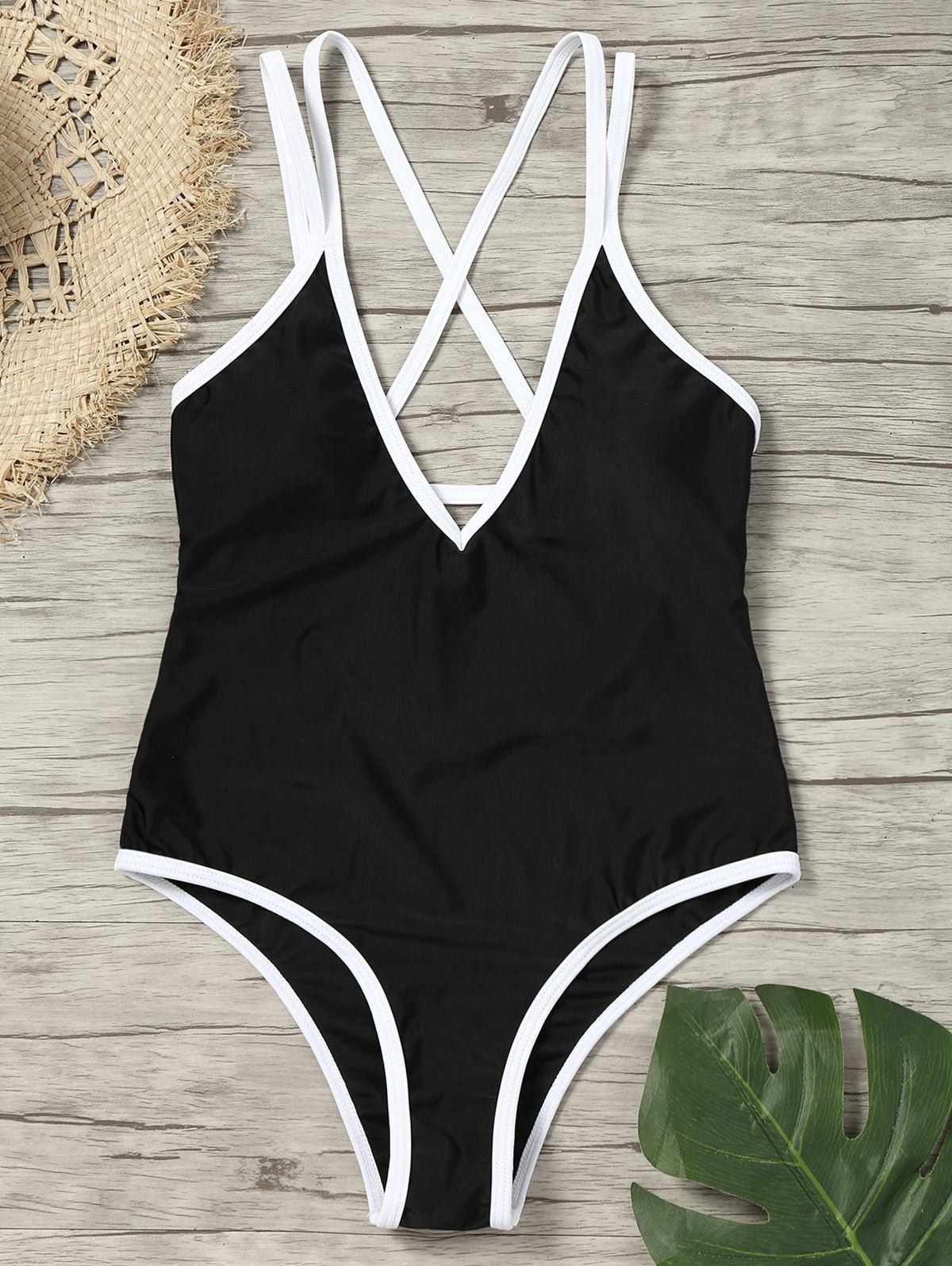

Contrast Cutout Strappy One Piece, Black