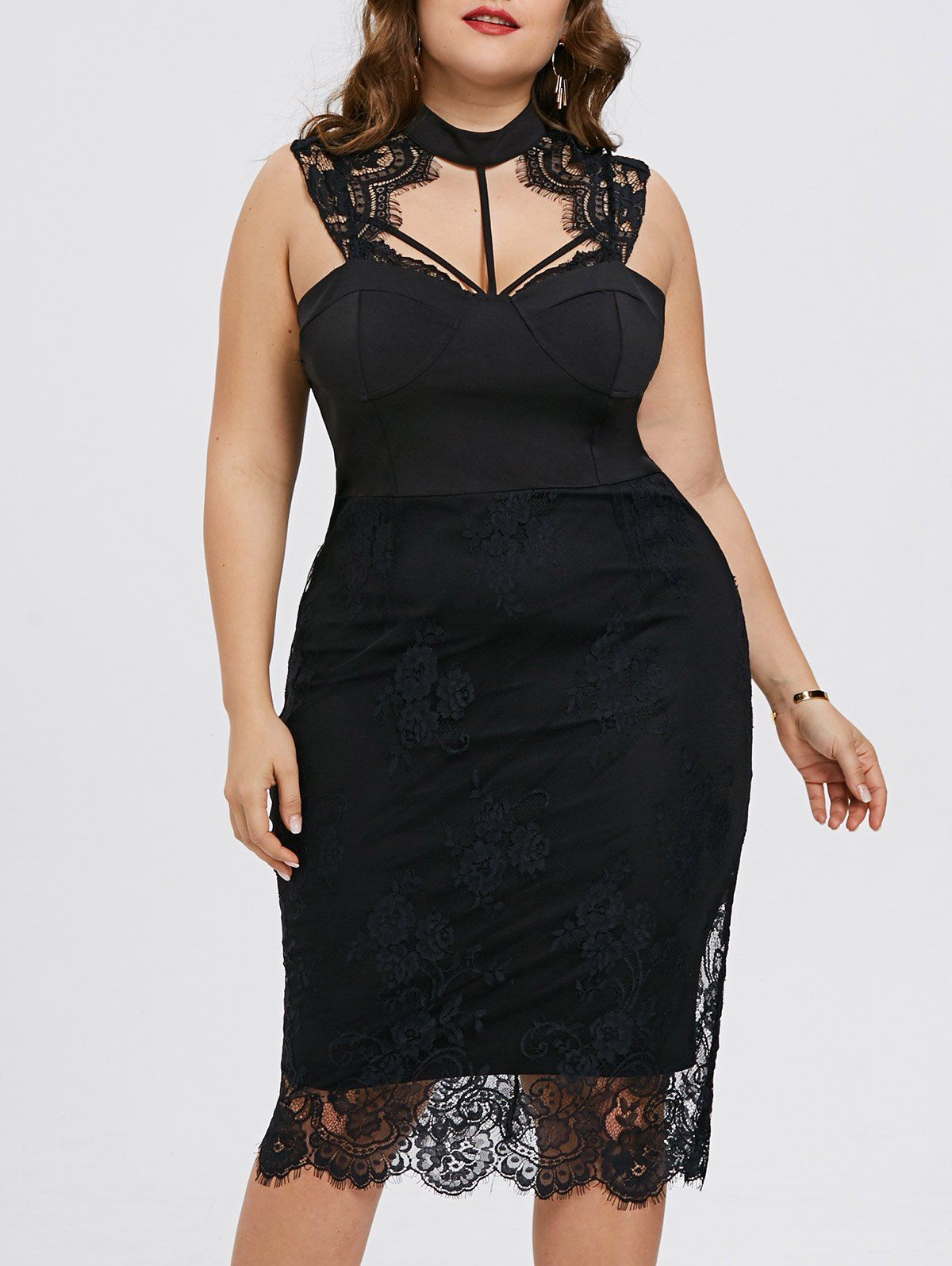 

Lace Insert Cut Out Plus Size Bodycon Dress, Black