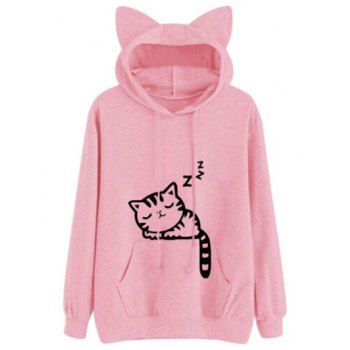 

Drawstring Sleeping Cat Pattern Pullover Hoodie, Pink