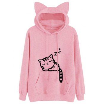 Women Drawstring Sleeping Cat Pattern Pullover Hoodie Clothing S Pink
