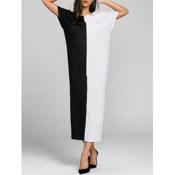 

High Split Color Block Maxi Dress, White/black