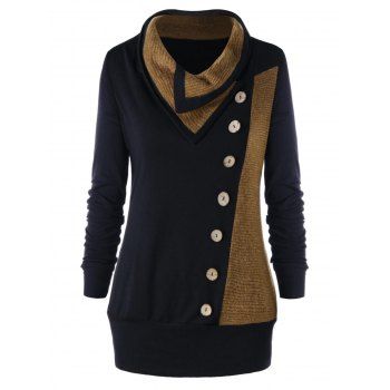 

Plus Size Buttons Heap Collar Tunic Sweatshirt, Black