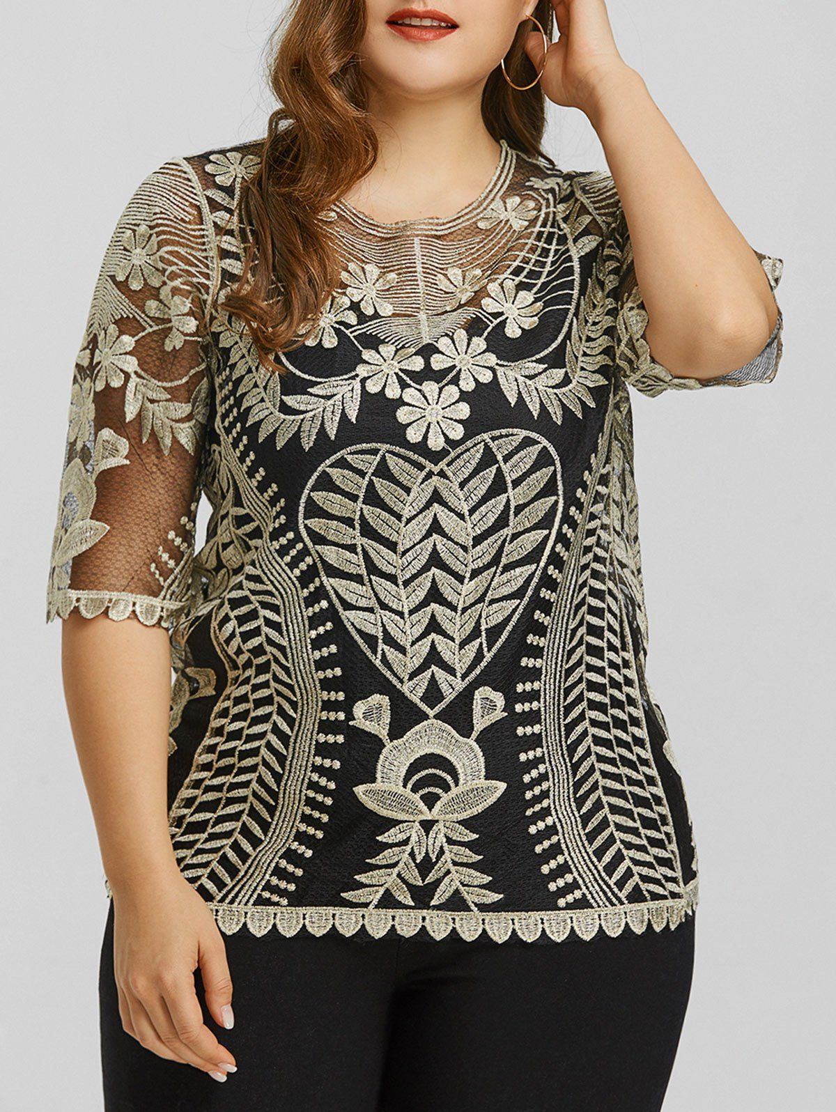 

Plus Size Scalloped Sheer Lace Top, Golden