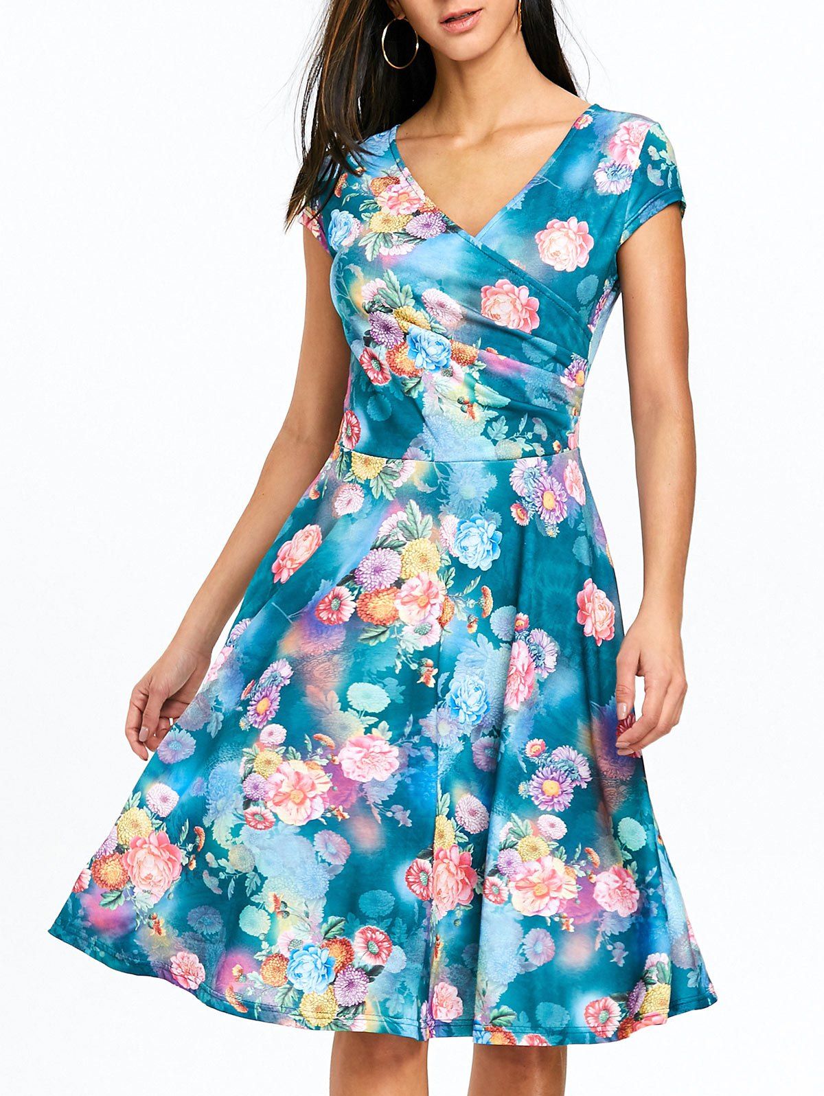 

Floral Print Surplice Skater Dress, Blue