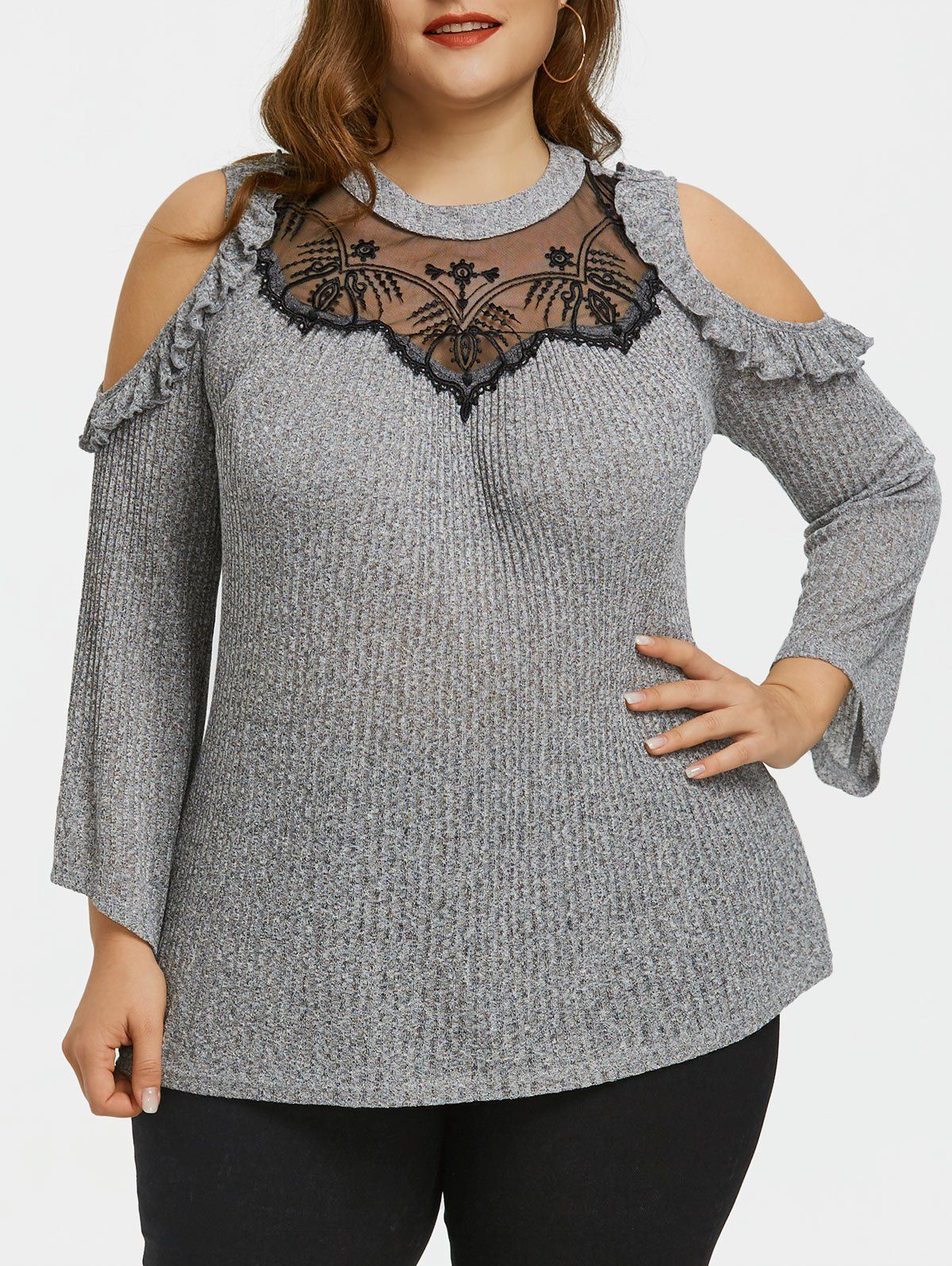 

Plus Size Flounced Open Shoulder Top, Gray