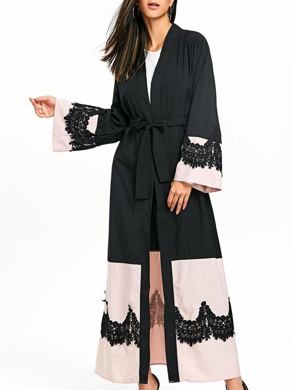 Manteau en Kimono avec Manches en Cloches et Ceinture en Cordon - Noir XL