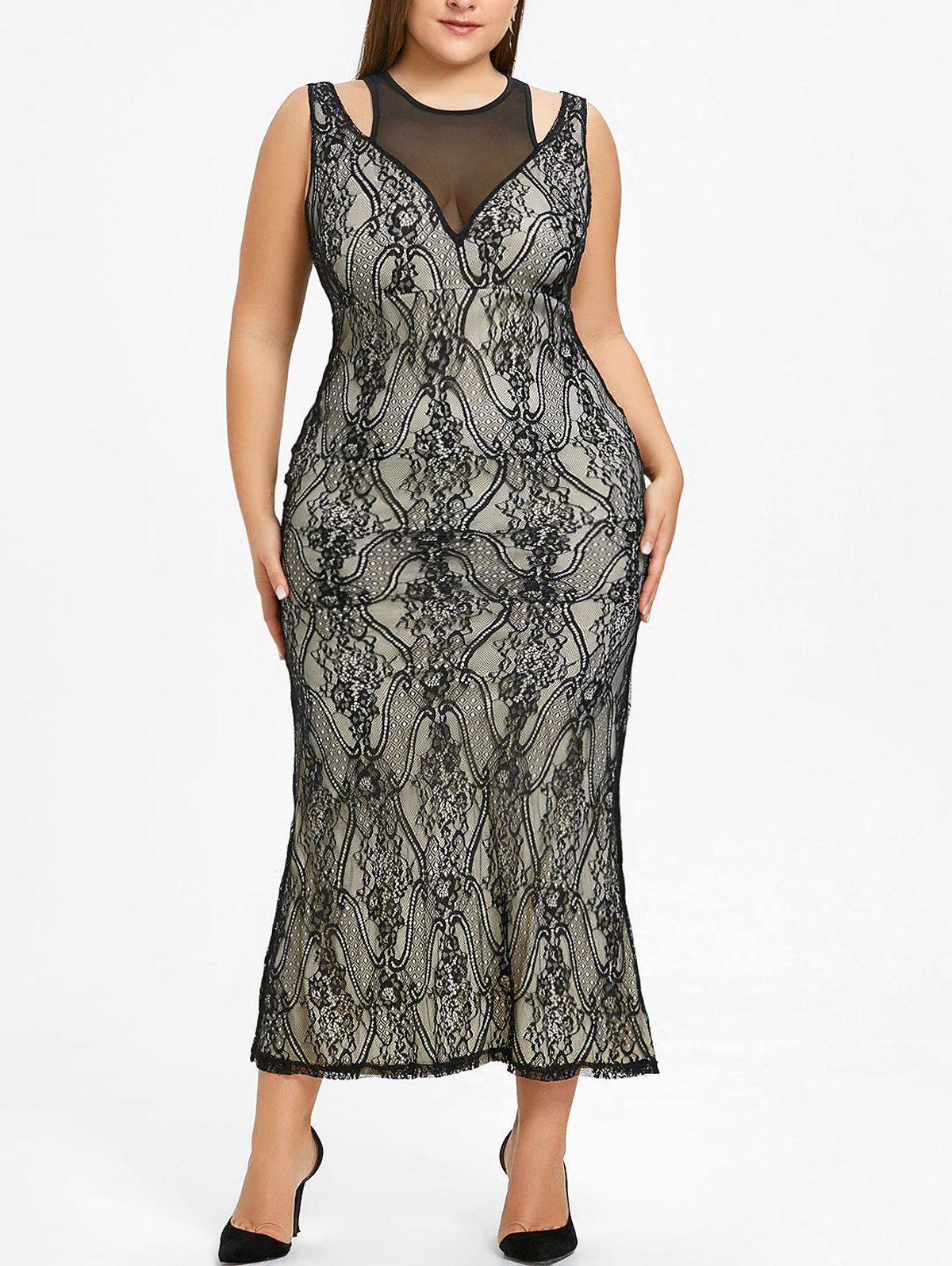 

Plus Size Lace Mesh Insert Evening Dress, Black