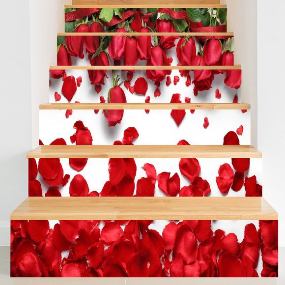 Autocollants d'Escaliers DIY à Imprimé Pétales de Rose pour Saint Valentin 3D - Rose Rouge 100*18CM*6PCS
