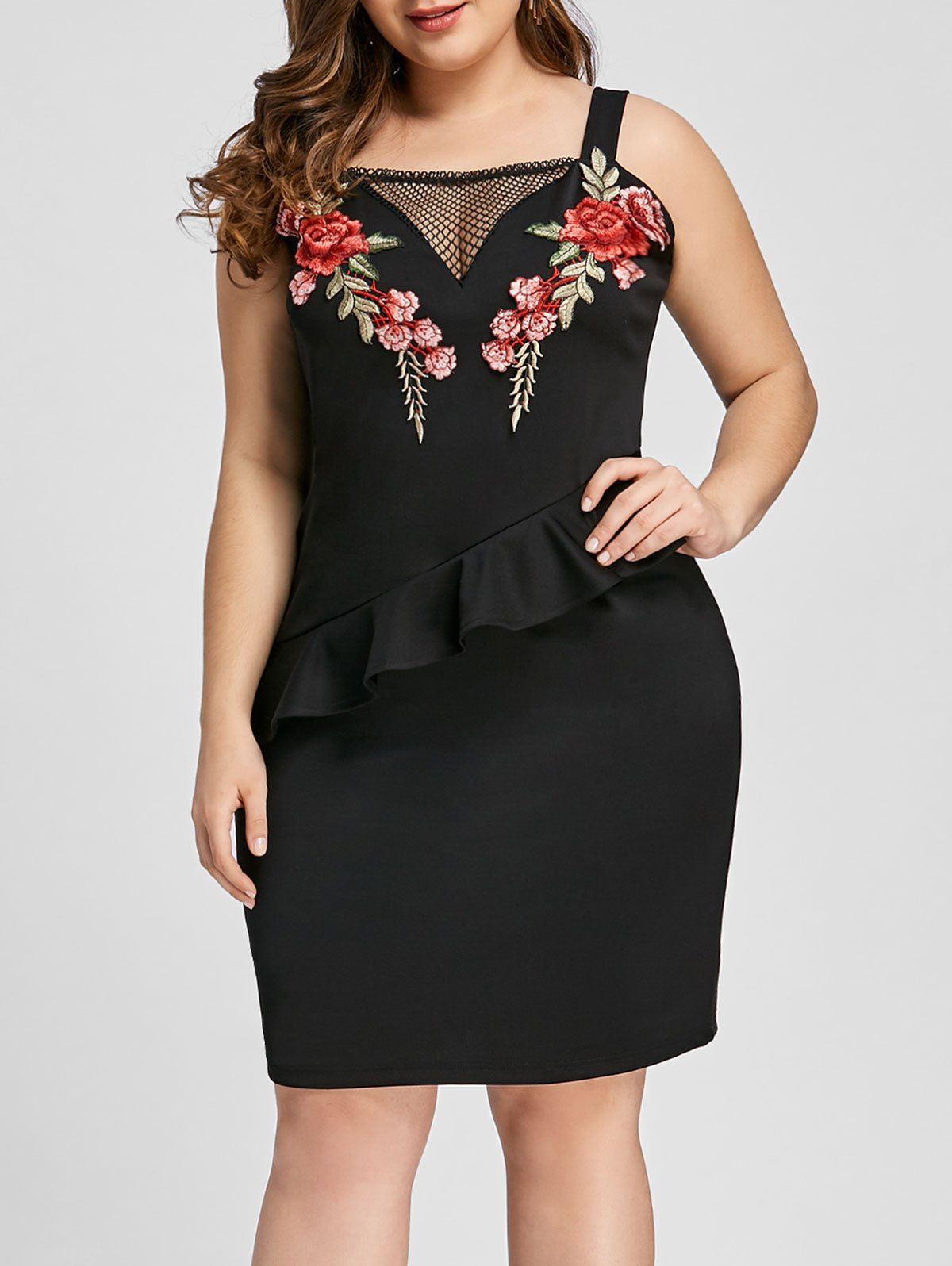 

Plus Size Ruffle Bodycon Embroidery Dress, Black