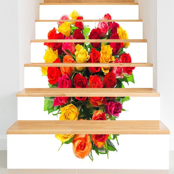 Autocollants d'Escaliers DIY à Imprimé Roses en Forme de Cœur pour Saint Valentin 3D - Colorée Fleur 100*18CM*6PCS