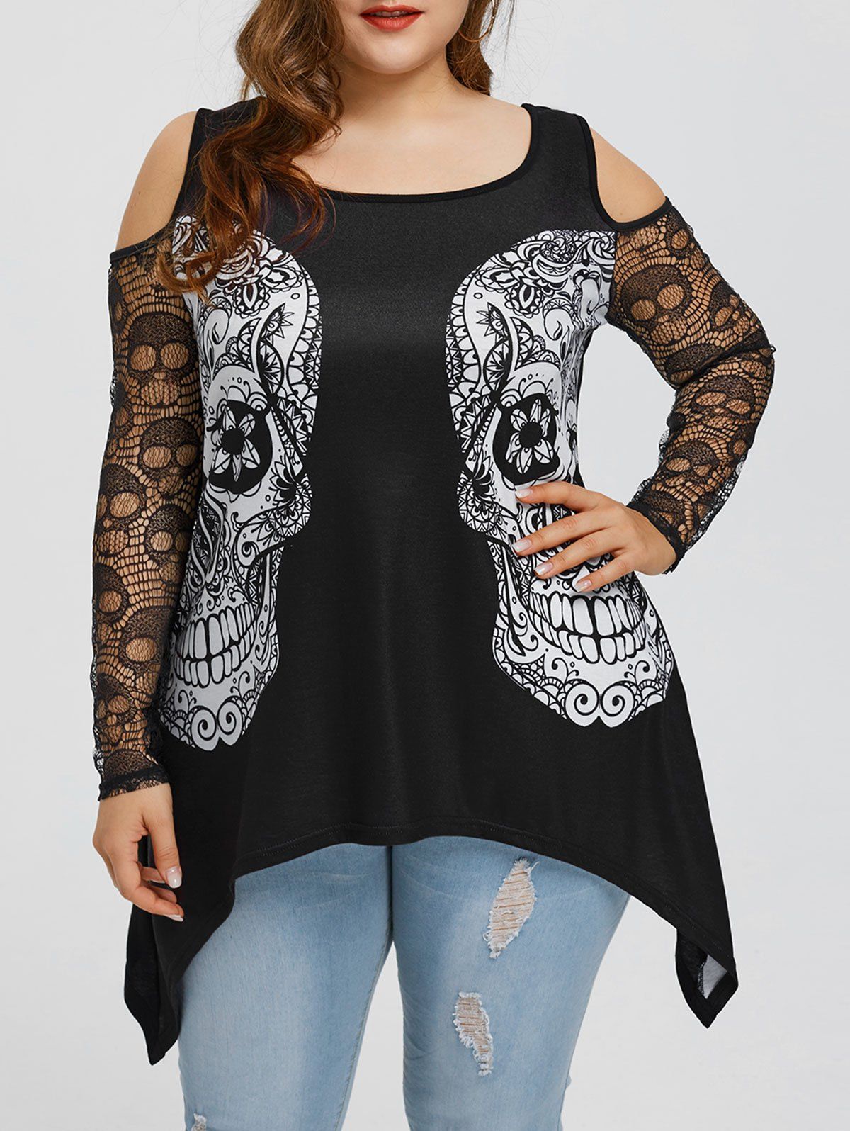 

Plus Size Open Shoulder Skulls T-shirt, Black