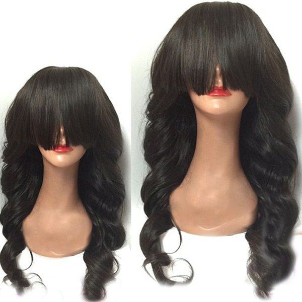

Long Body Wave Synthetic Wig With Neat Bang, Black