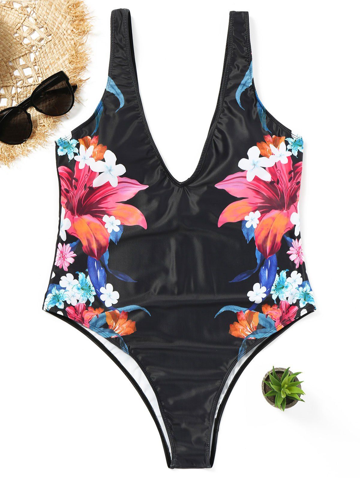 

Plus Size Floral Plunge Swimsuit, Black