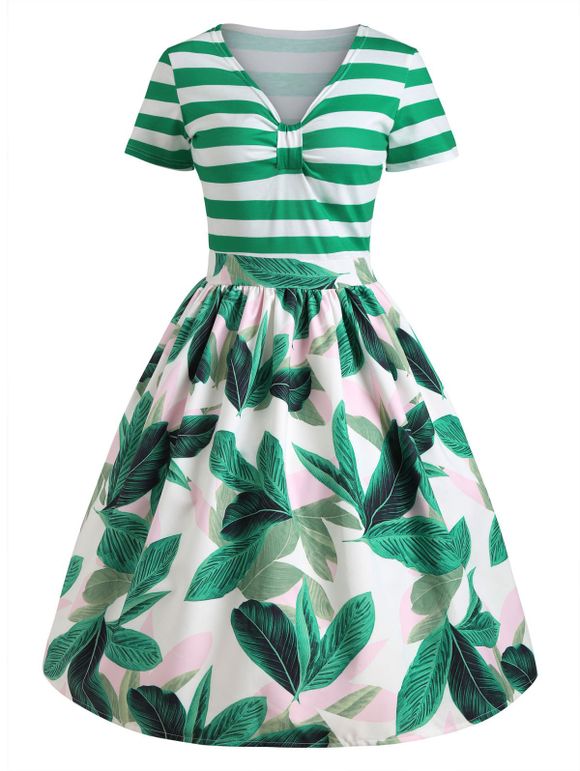 Robe Pin-Up Vintage à Imprimé Tropical Rayé - Vert L