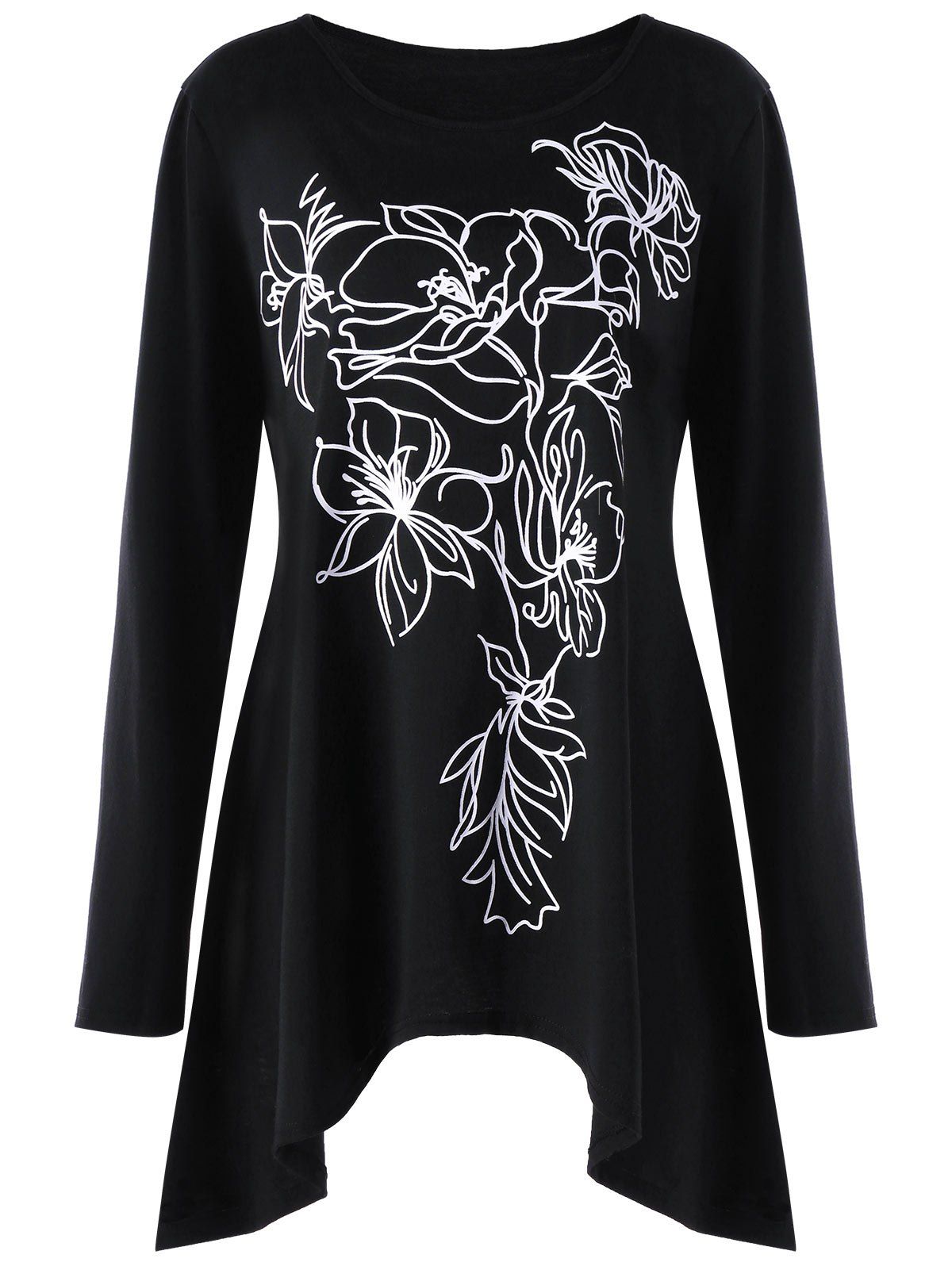 

Plus Size Monochrome Floral Crescent Hem T-shirt, Black